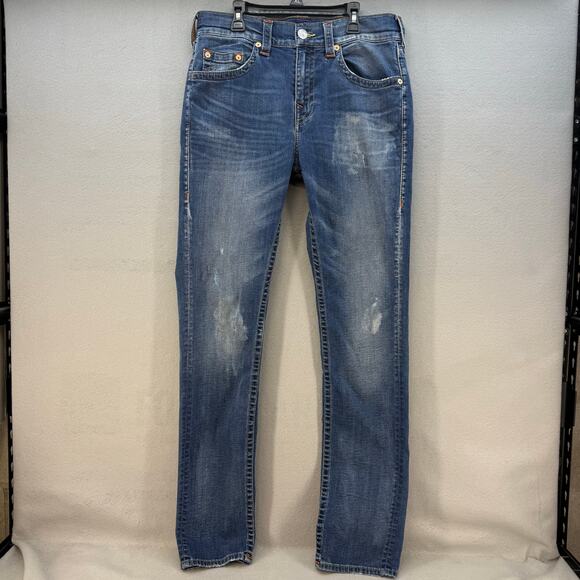 True Religion Jeans Women's 31 (12) Blue Tapered Leg Stained High Rise Fit - Picture 1 of 16